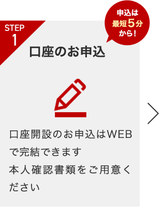 STEP1 最短5分で申込完了！ 口座のお申込 口座開設のお申込はWEBで完結できます 本人確認書類をご用意ください